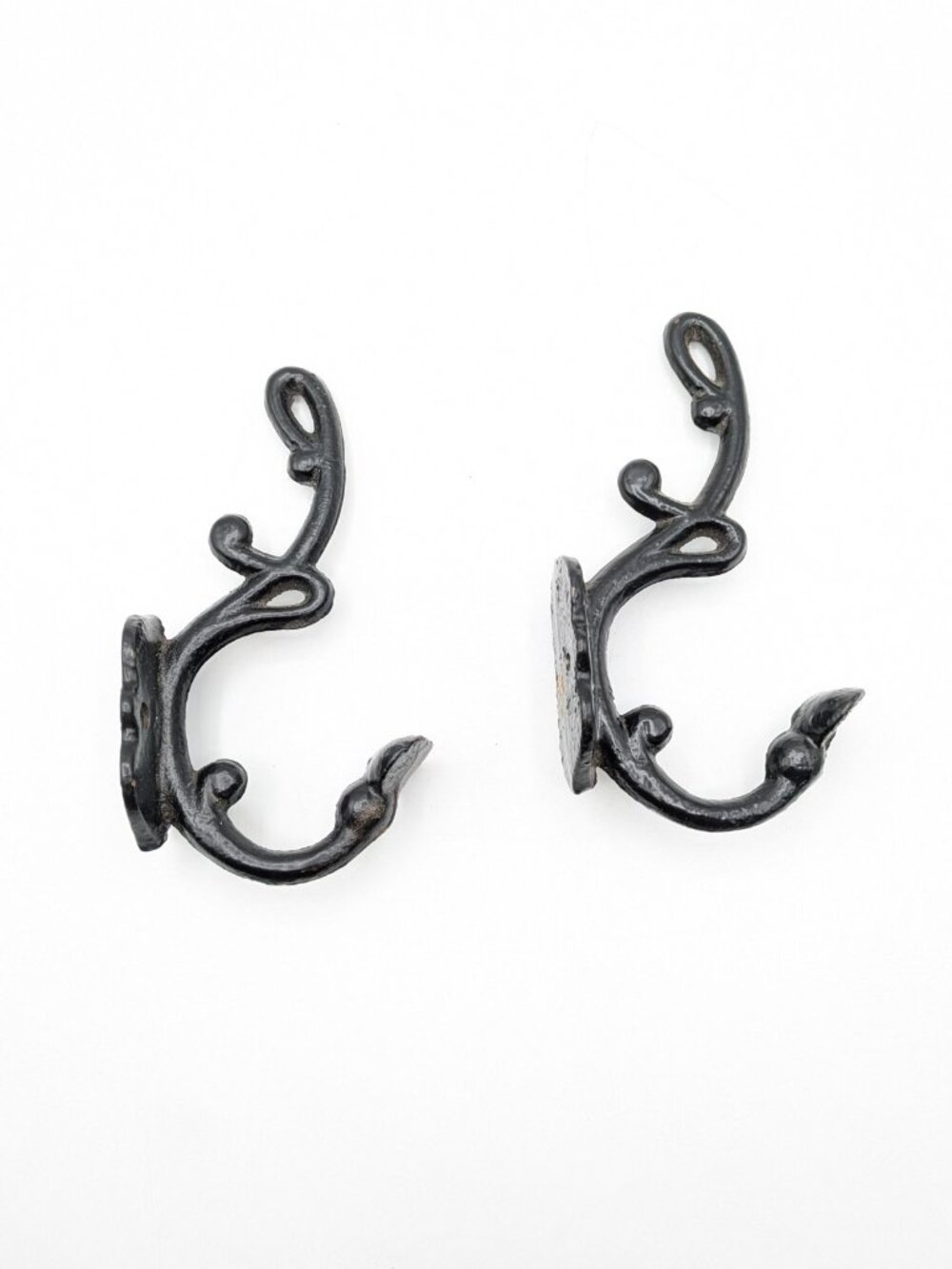 Vintage Black Cast Iron Double Hooks Set of 2 Metal Wall Door Coat Hangers 6.5"